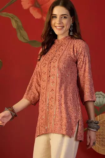 Peach embroidered rayon kurti