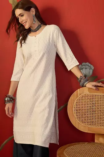 Off white embroidered rayon kurti