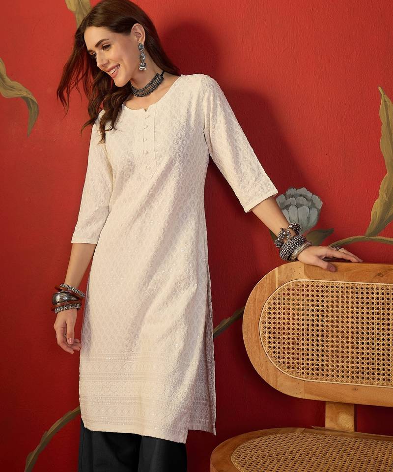 Off white embroidered rayon kurti