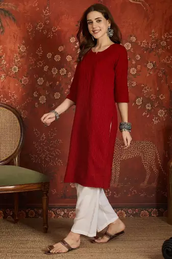 Maroon embroidered  rayon kurti