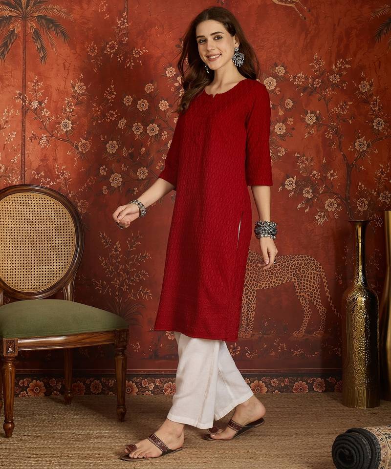 Maroon embroidered  rayon kurti