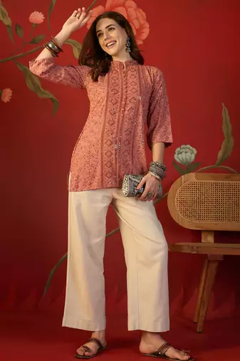Peach embroidered rayon kurti