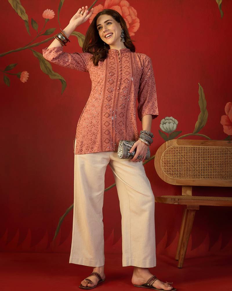 Peach embroidered rayon kurti
