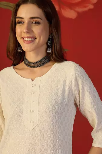 Off white embroidered rayon kurti