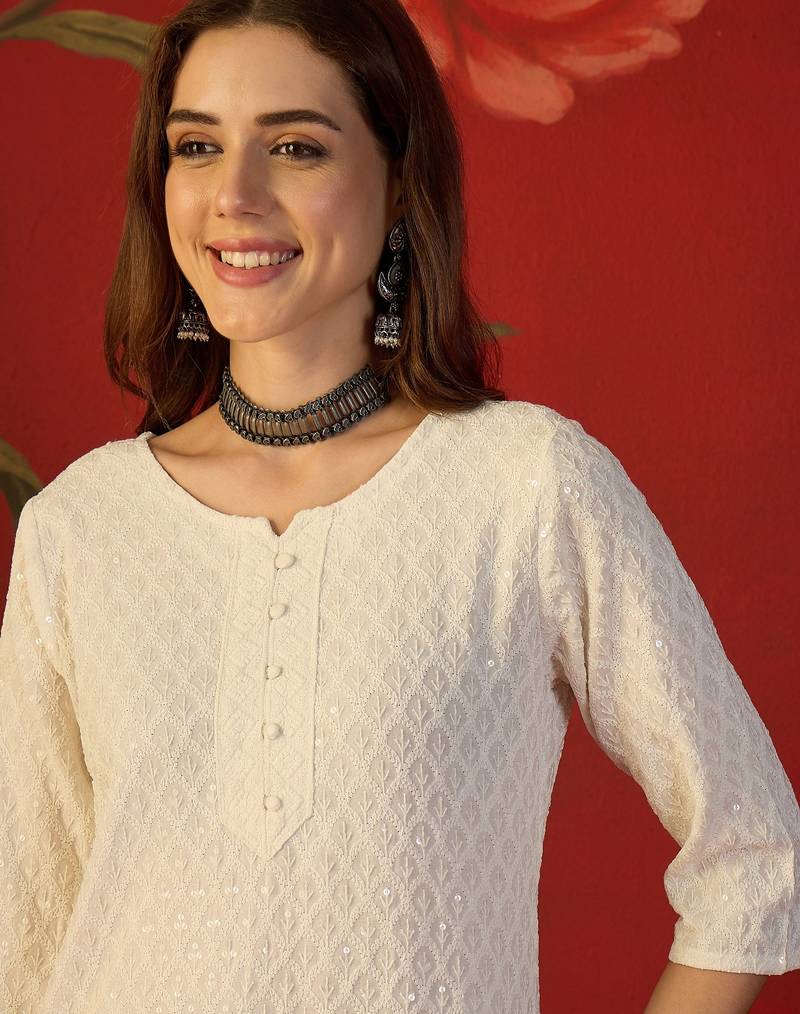 Off white embroidered rayon kurti