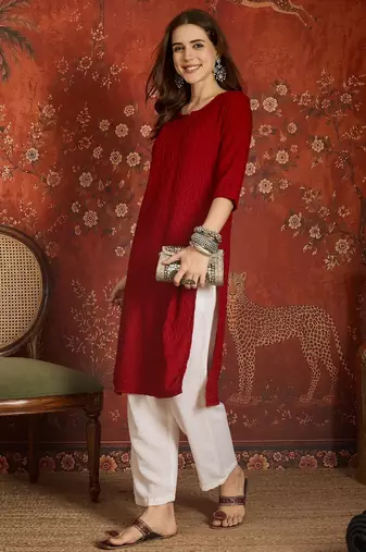 Maroon embroidered  rayon kurti