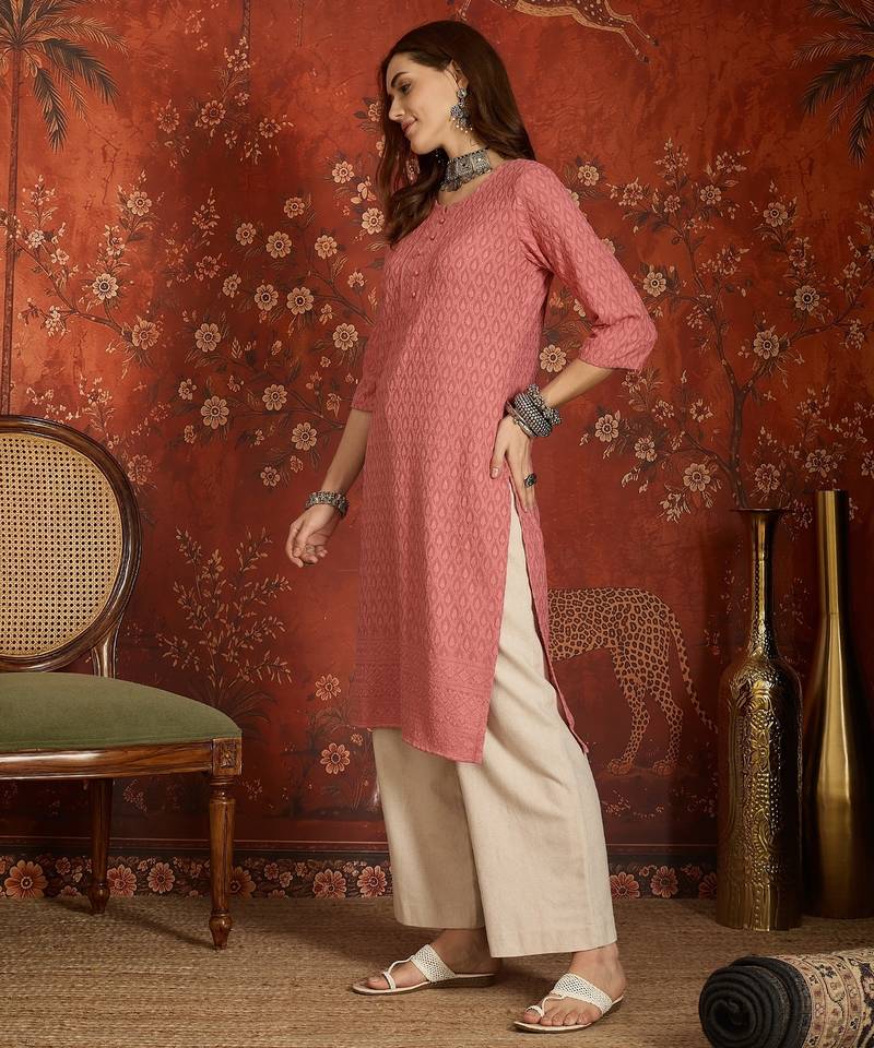 Pink embroidered rayon kurti