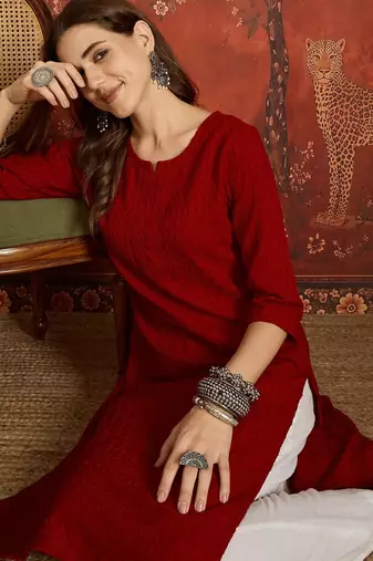 Maroon embroidered  rayon kurti