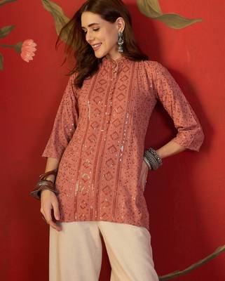 Peach embroidered rayon kurti 4