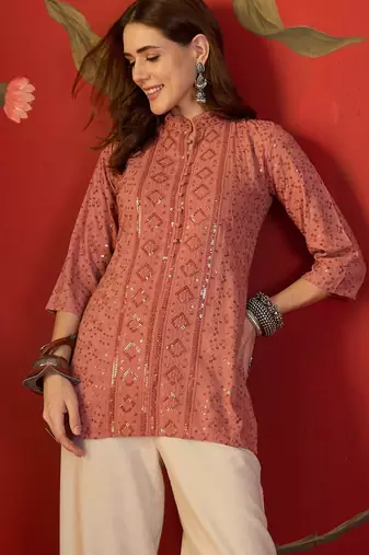 Peach embroidered rayon kurti