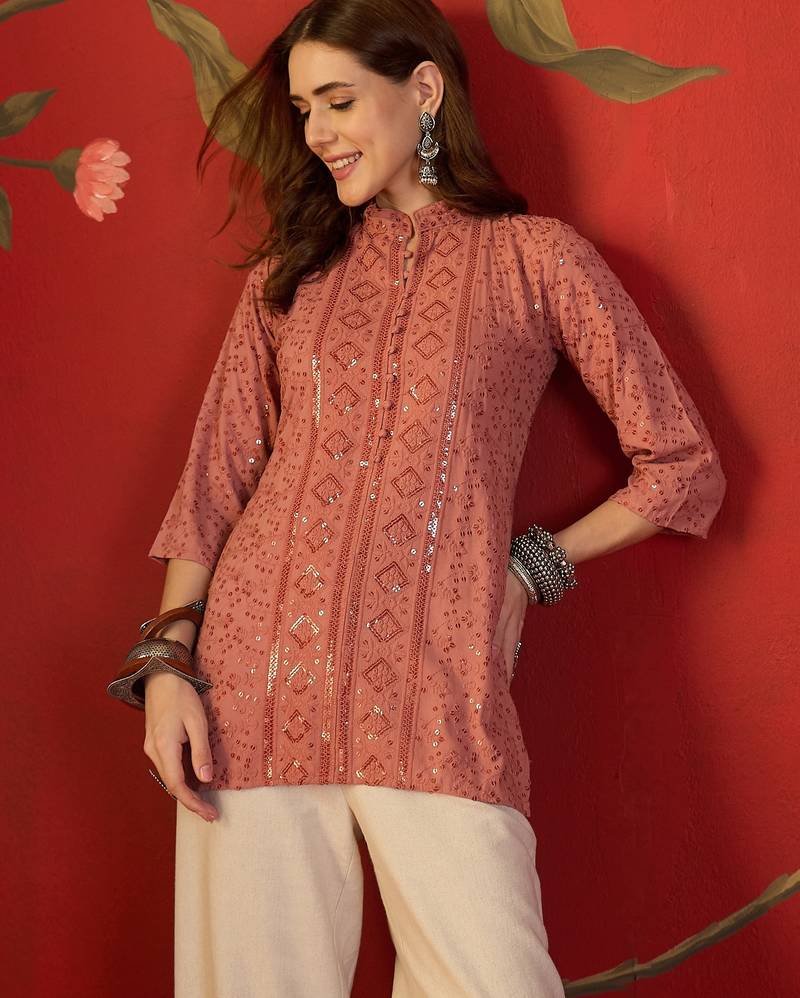 Peach embroidered rayon kurti