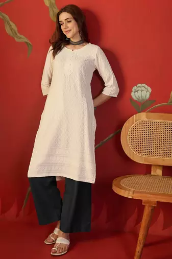 Off white embroidered rayon kurti