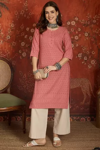 Pink embroidered rayon kurti