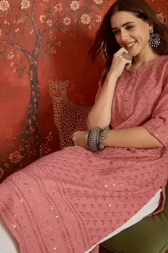 Pink embroidered rayon kurti