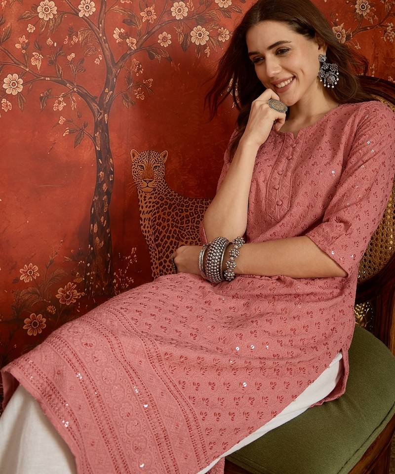 Pink embroidered rayon kurti