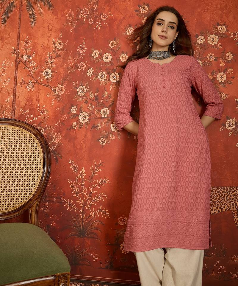 Pink embroidered rayon kurti