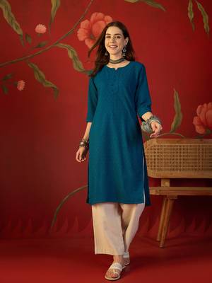 Teal embroidered rayon kurti 1