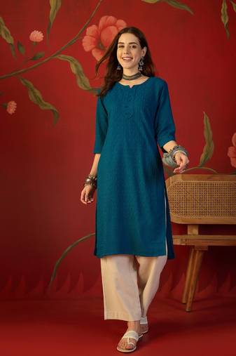 Teal embroidered rayon kurti