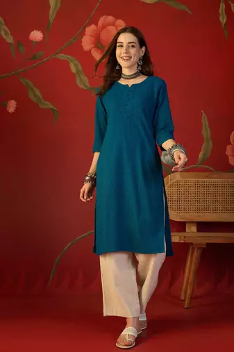 Teal embroidered rayon kurti