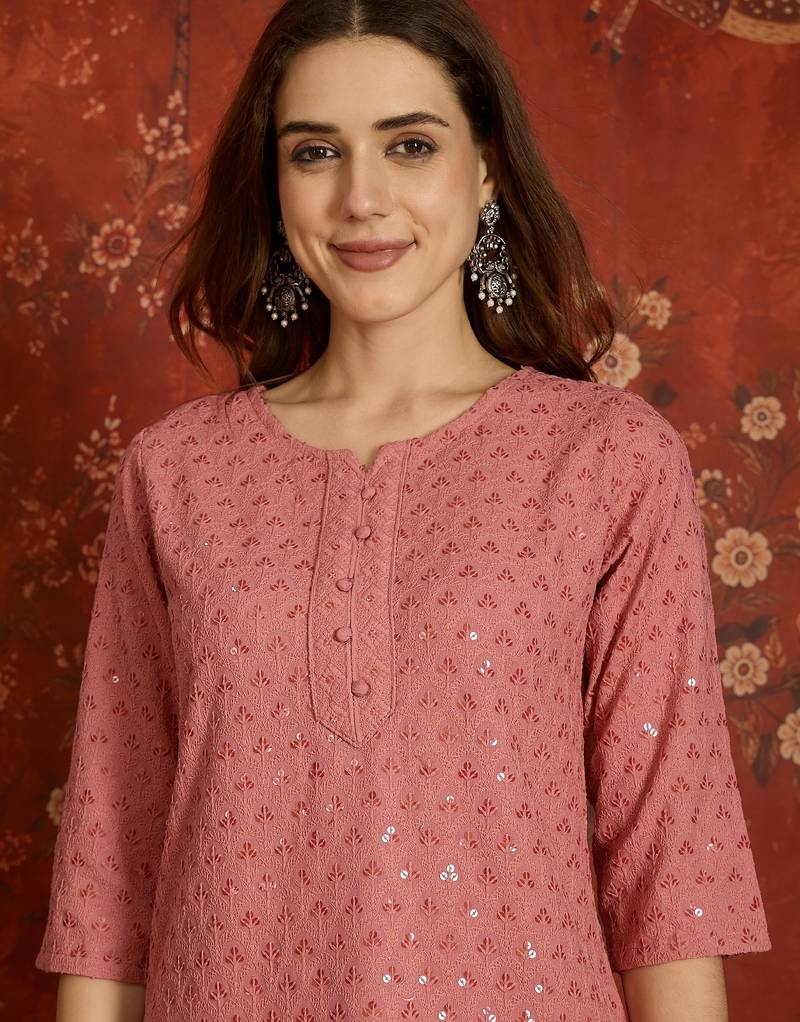 Pink embroidered rayon kurti