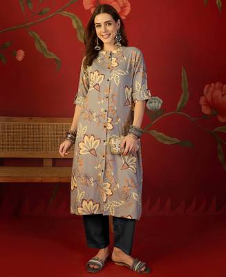 Grey print rayon kurti 1