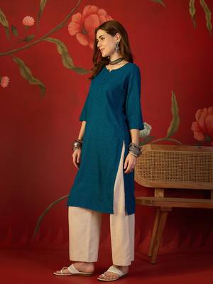 Teal embroidered rayon kurti 2