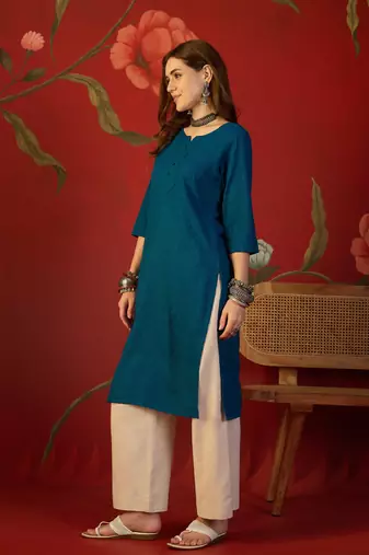 Teal embroidered rayon kurti