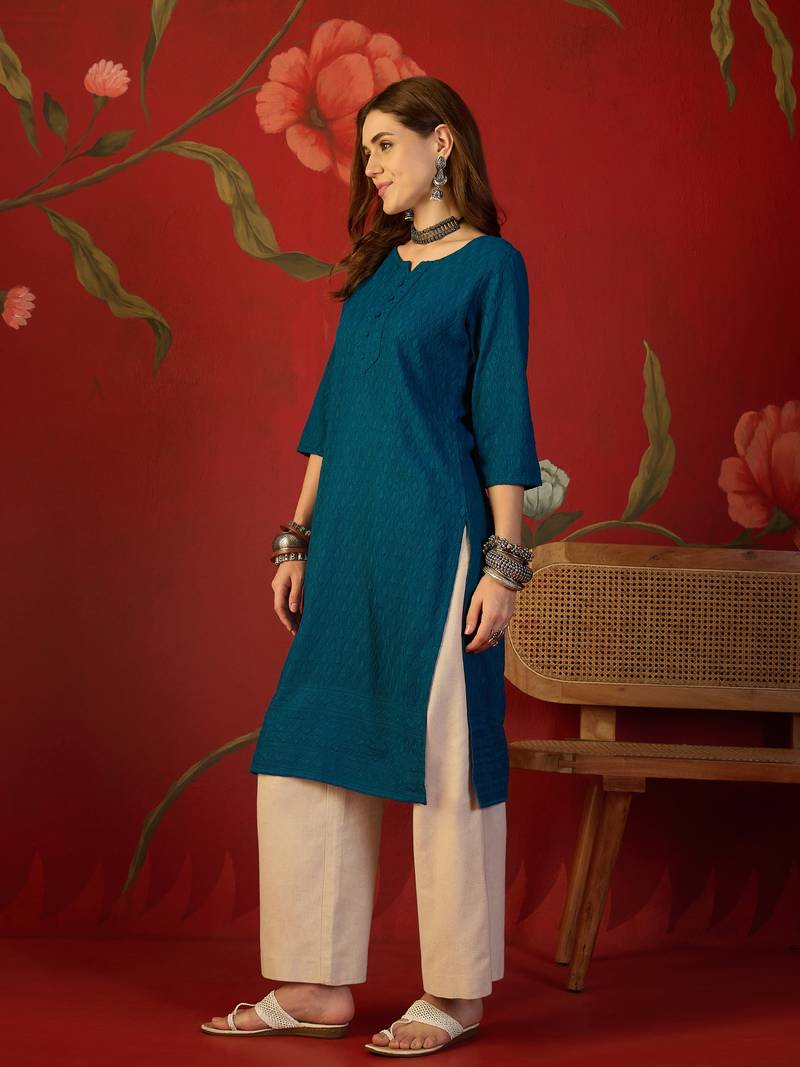 Teal embroidered rayon kurti