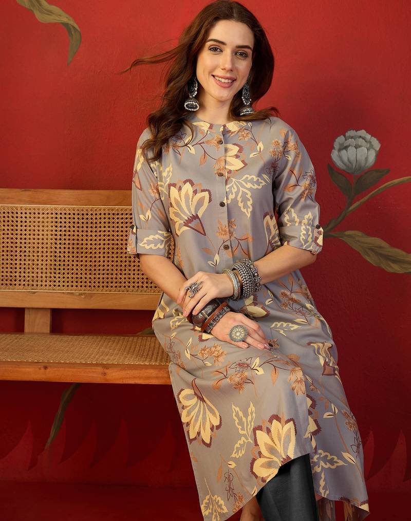 Grey print rayon kurti