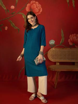 Teal embroidered rayon kurti 3