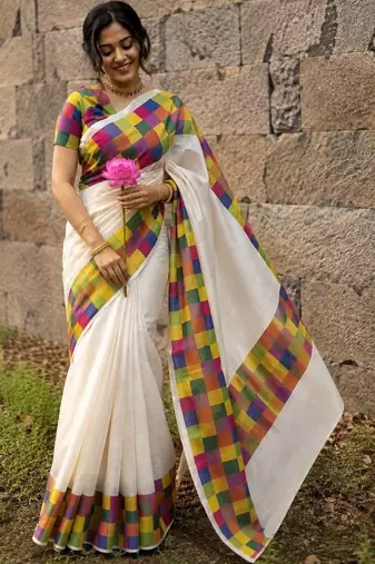 Colourblocked Pure Cotton Designer Kasavu Saree