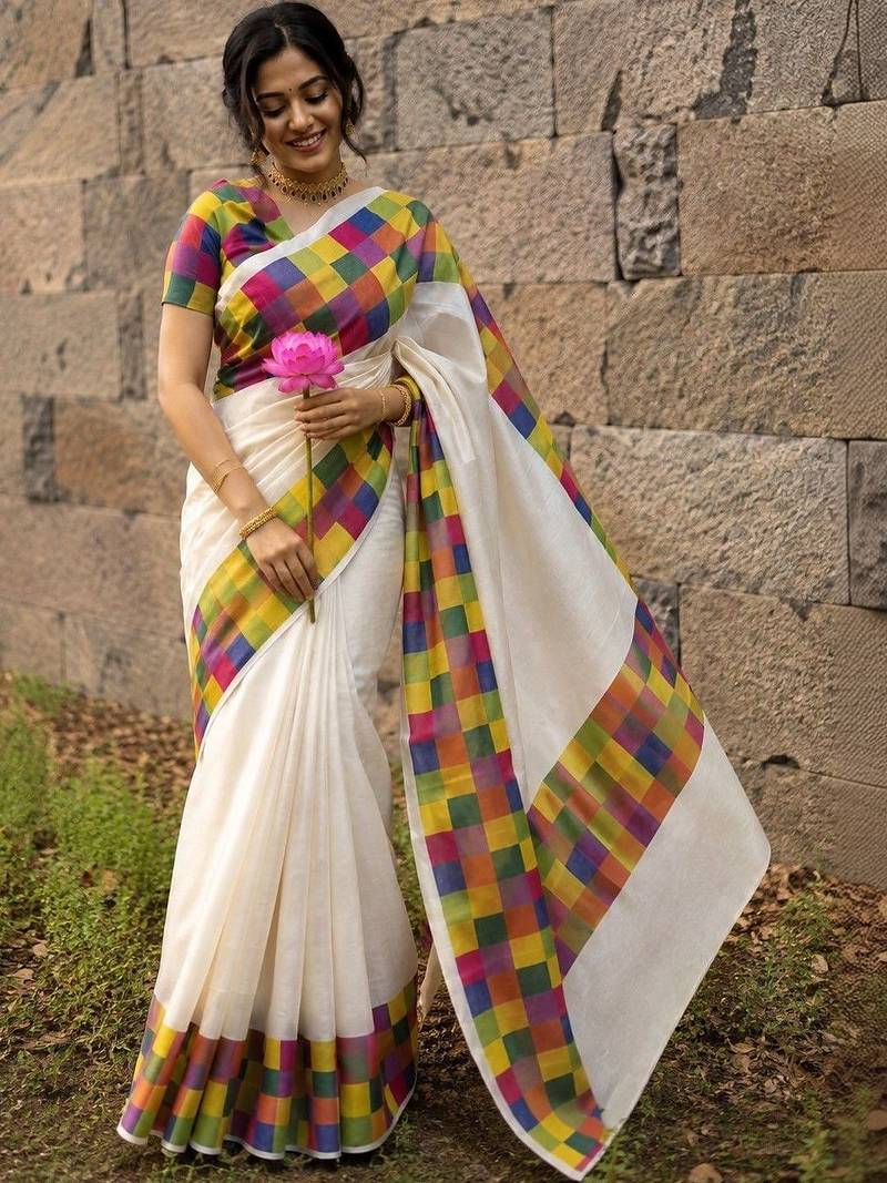 Colourblocked Pure Cotton Designer Kasavu Saree