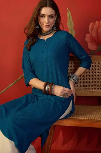Teal embroidered rayon kurti