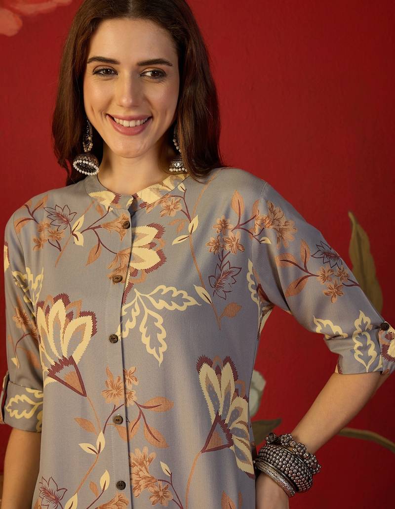 Grey print rayon kurti