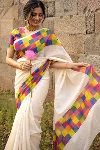 Colourblocked Pure Cotton Designer Kasavu Saree