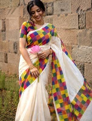 Colourblocked Pure Cotton Designer Kasavu Saree 3