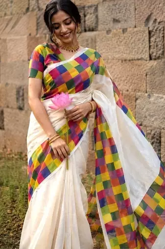 Colourblocked Pure Cotton Designer Kasavu Saree