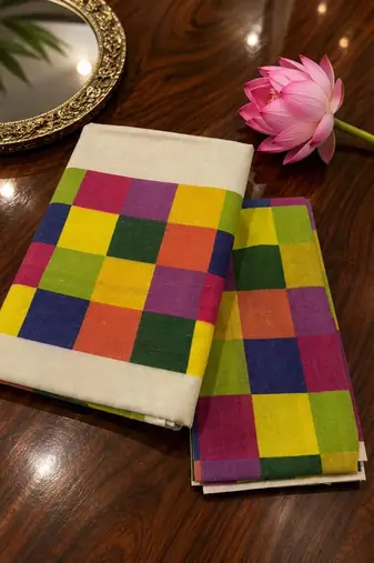 Colourblocked Pure Cotton Designer Kasavu Saree