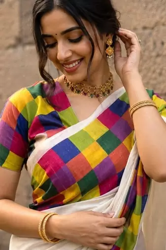 Colourblocked Pure Cotton Designer Kasavu Saree
