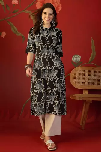 Black printed rayon kurti