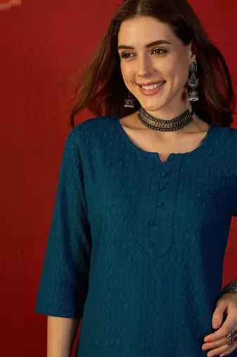 Teal embroidered rayon kurti