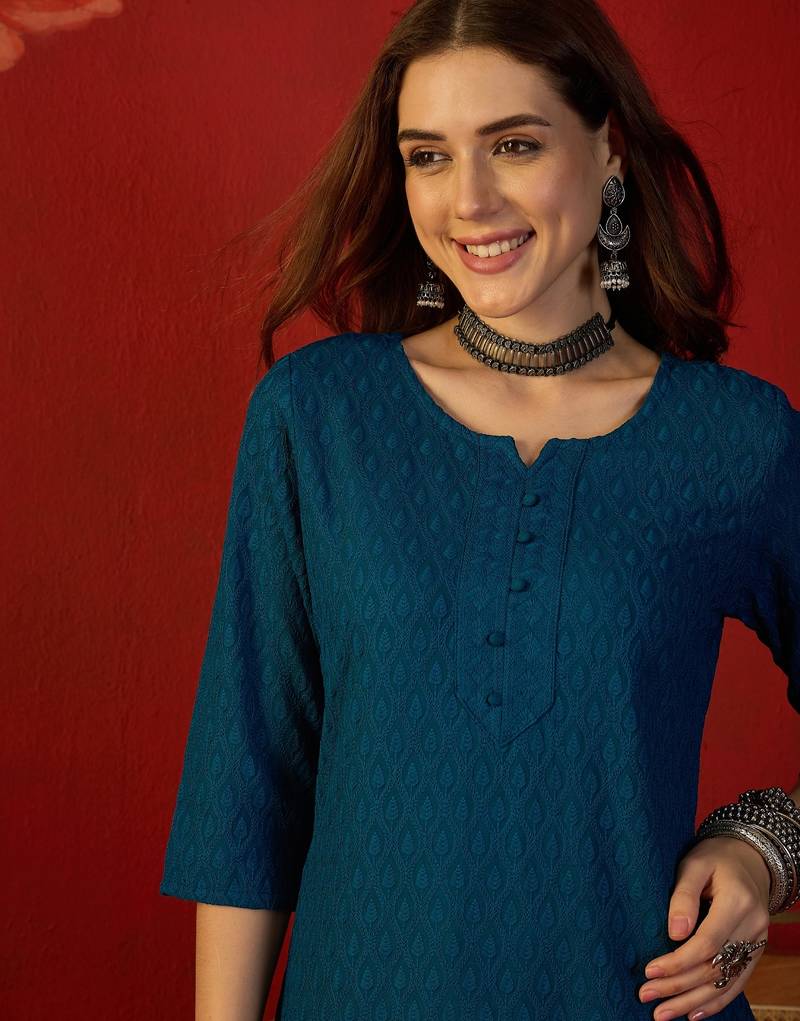 Teal embroidered rayon kurti