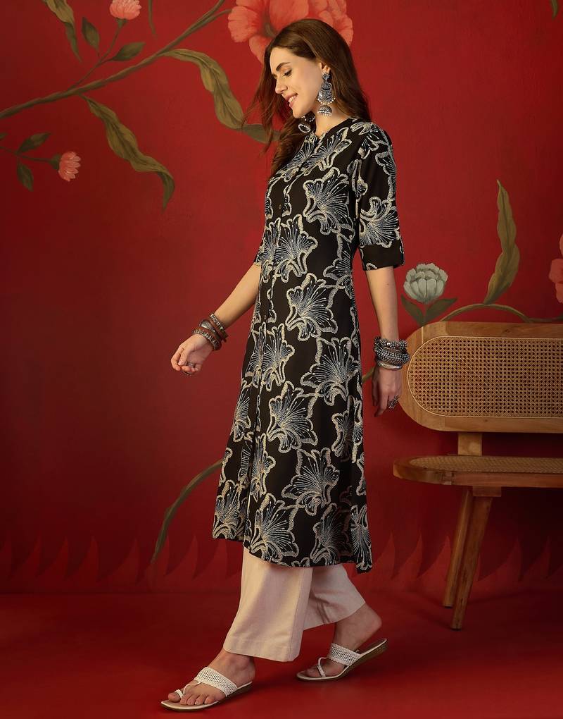 Black printed rayon kurti