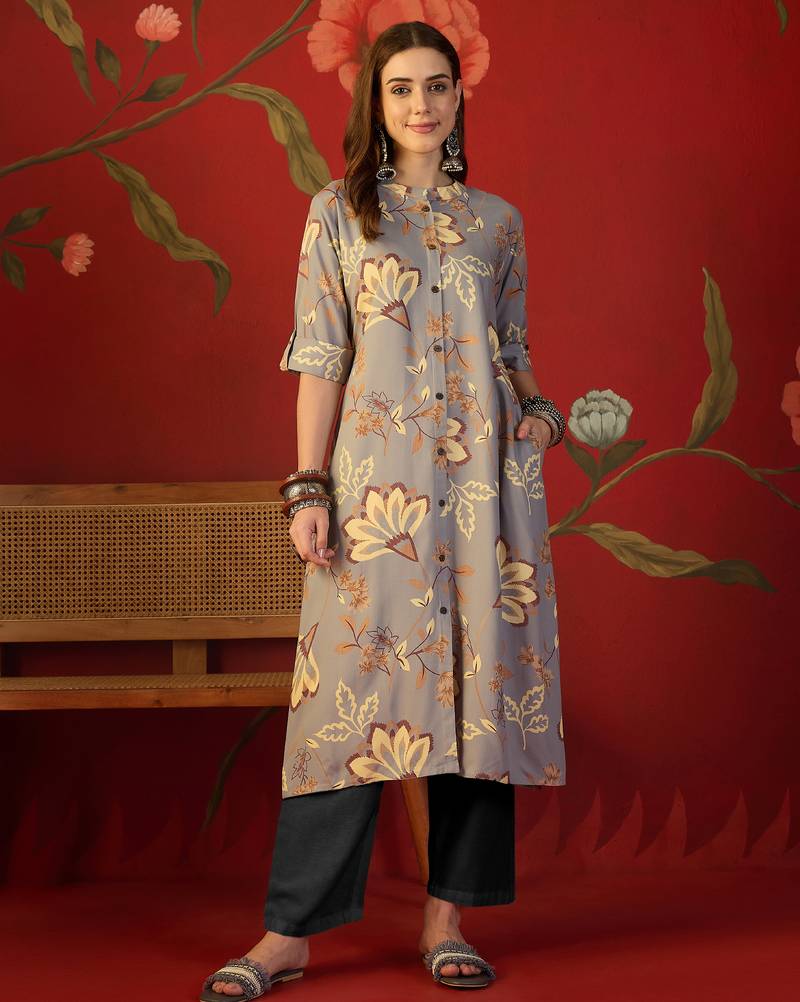 Grey print rayon kurti
