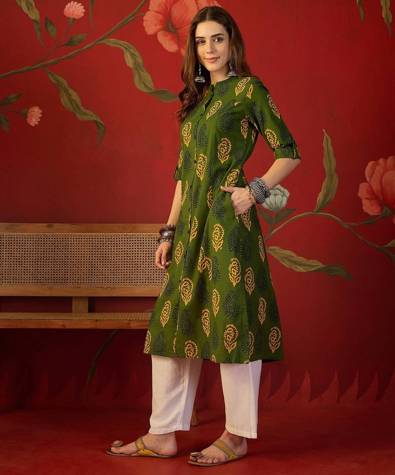 Green print cotton kurti