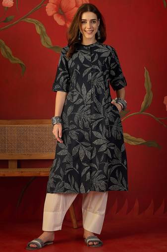 Navy blue printed cotton kurti