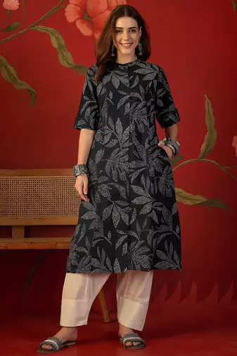Navy blue printed cotton kurti
