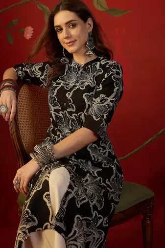 Black printed rayon kurti