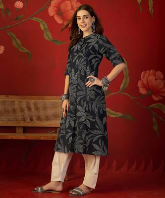 Navy blue printed cotton kurti 2