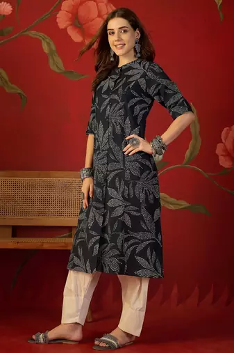 Navy blue printed cotton kurti